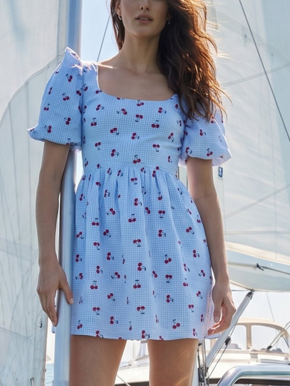THE FROLIC gingham and cherries mini dress back smocking XL